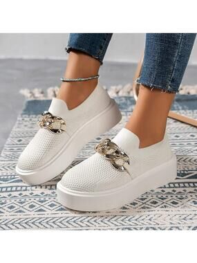 White Slip-On Platform Loafers with Gold Chain Accent